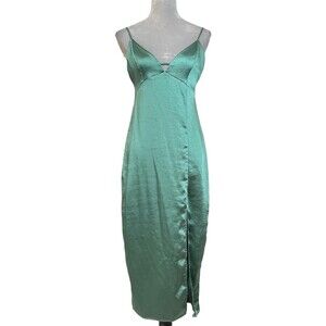 Y2k Satin Slip Dress Women’s M Green Maxi V-Neck Party Prom Cocktail Banquet